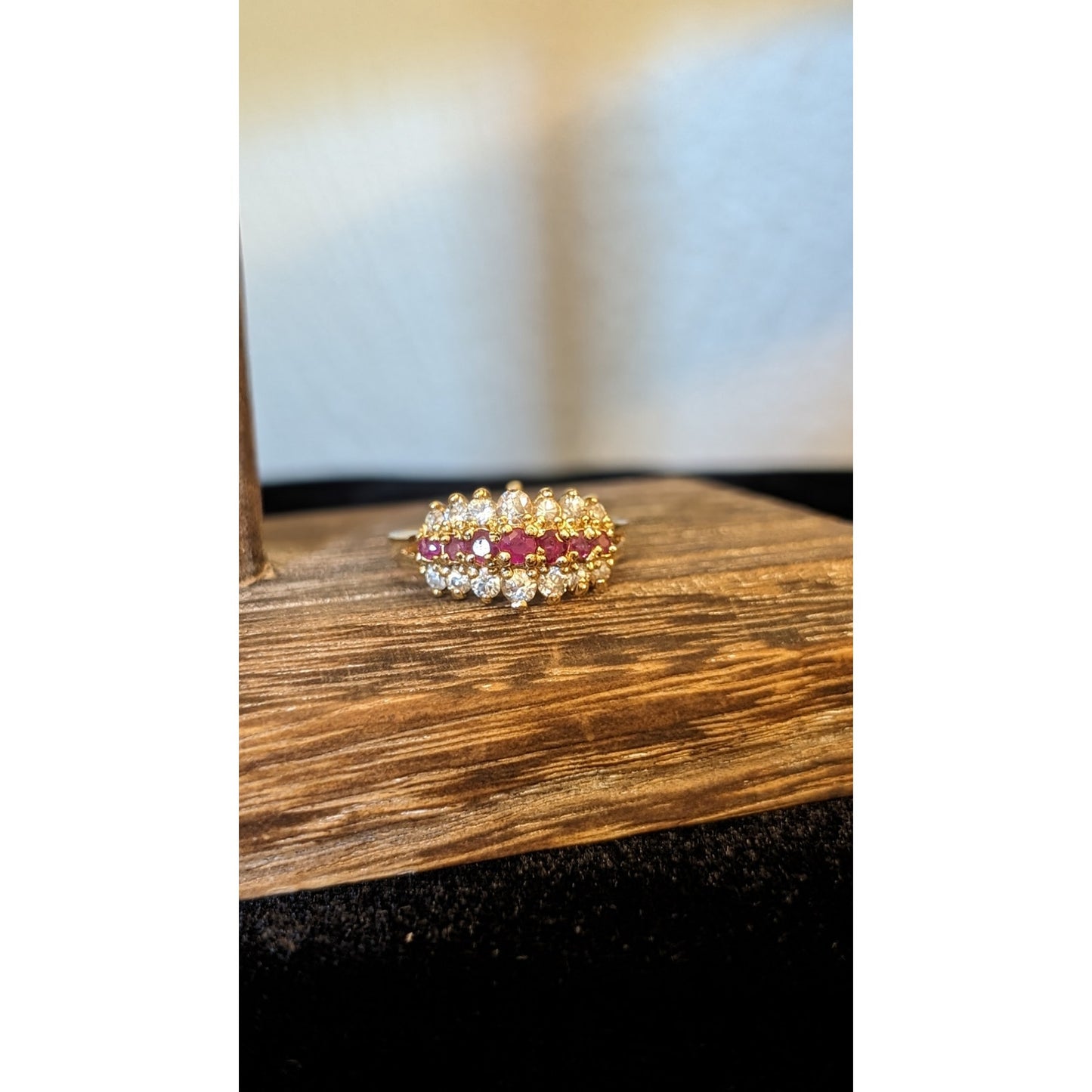 925 Sterling Vermeil Three Row Lab Created Ruby & CZ Ring Size 9.75
