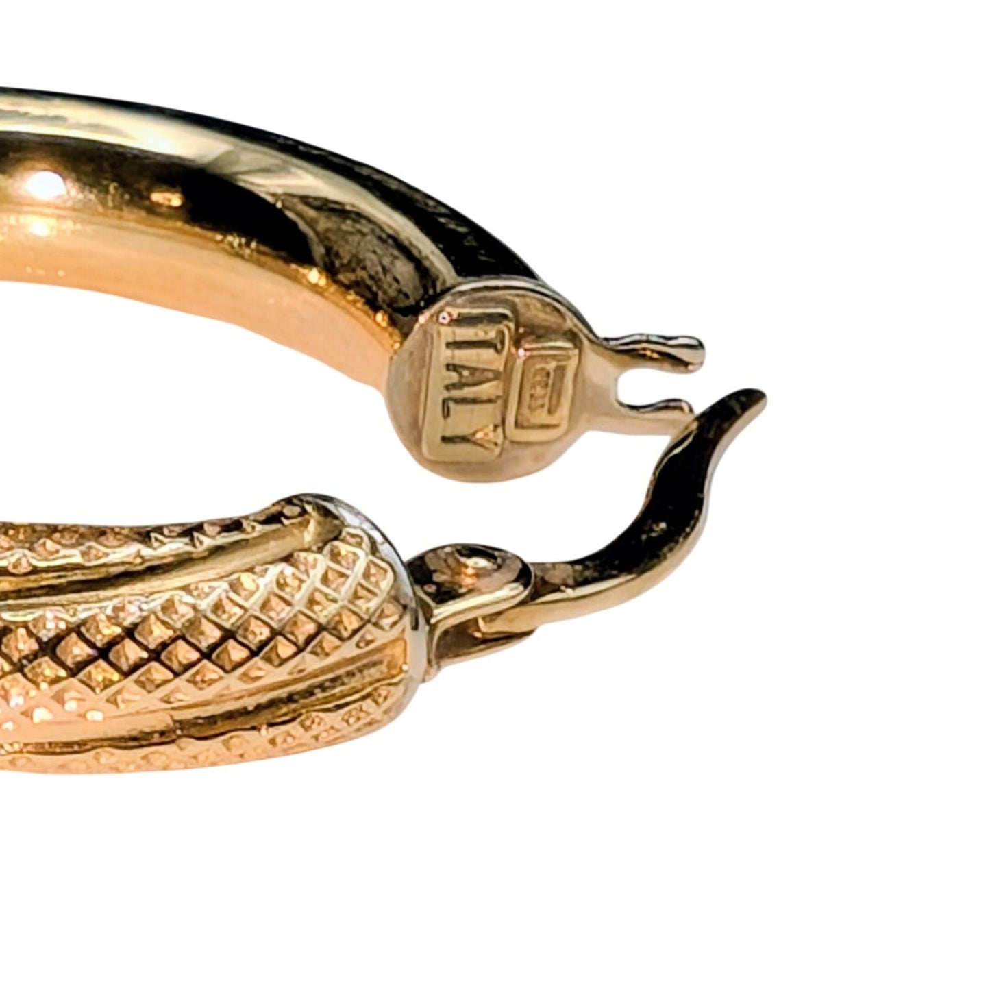 18K Italian Yellow Gold (White Gold Bands) Textured Polished Hoop Earrings