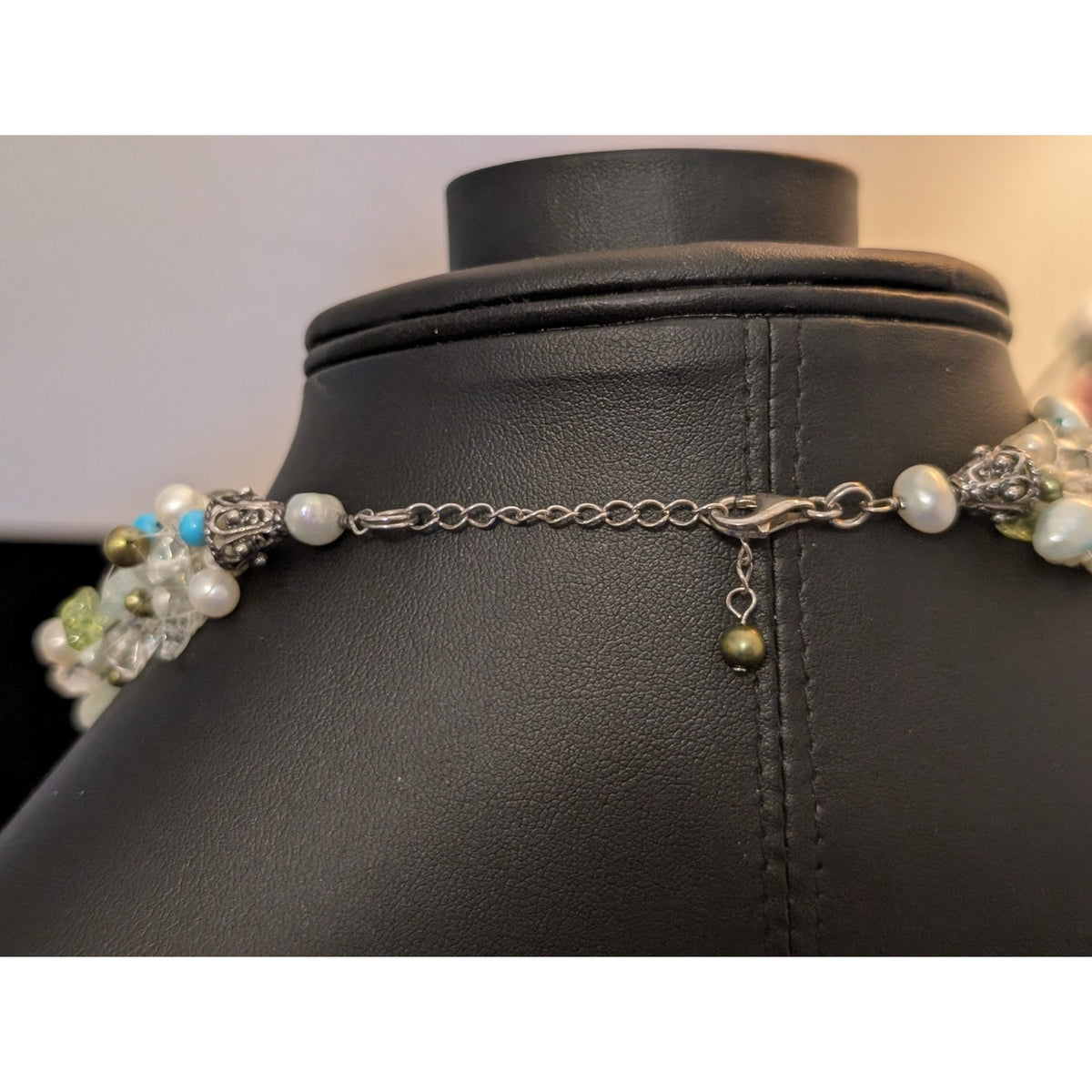 Multi-Strand Pearl Peridot Quartz Turquoise Bead 17"-19" 925 Sterling Necklace