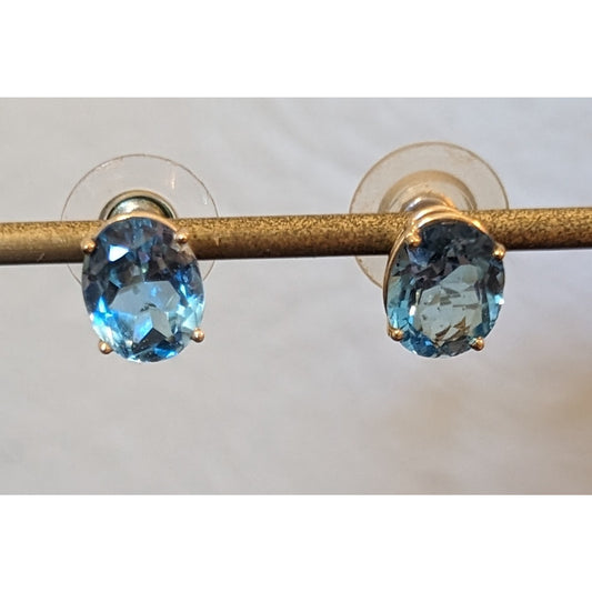 Stamped Tested 14k Gold 4ct Oval Blue Topaz Solitaire Basket Set Stud Earrings