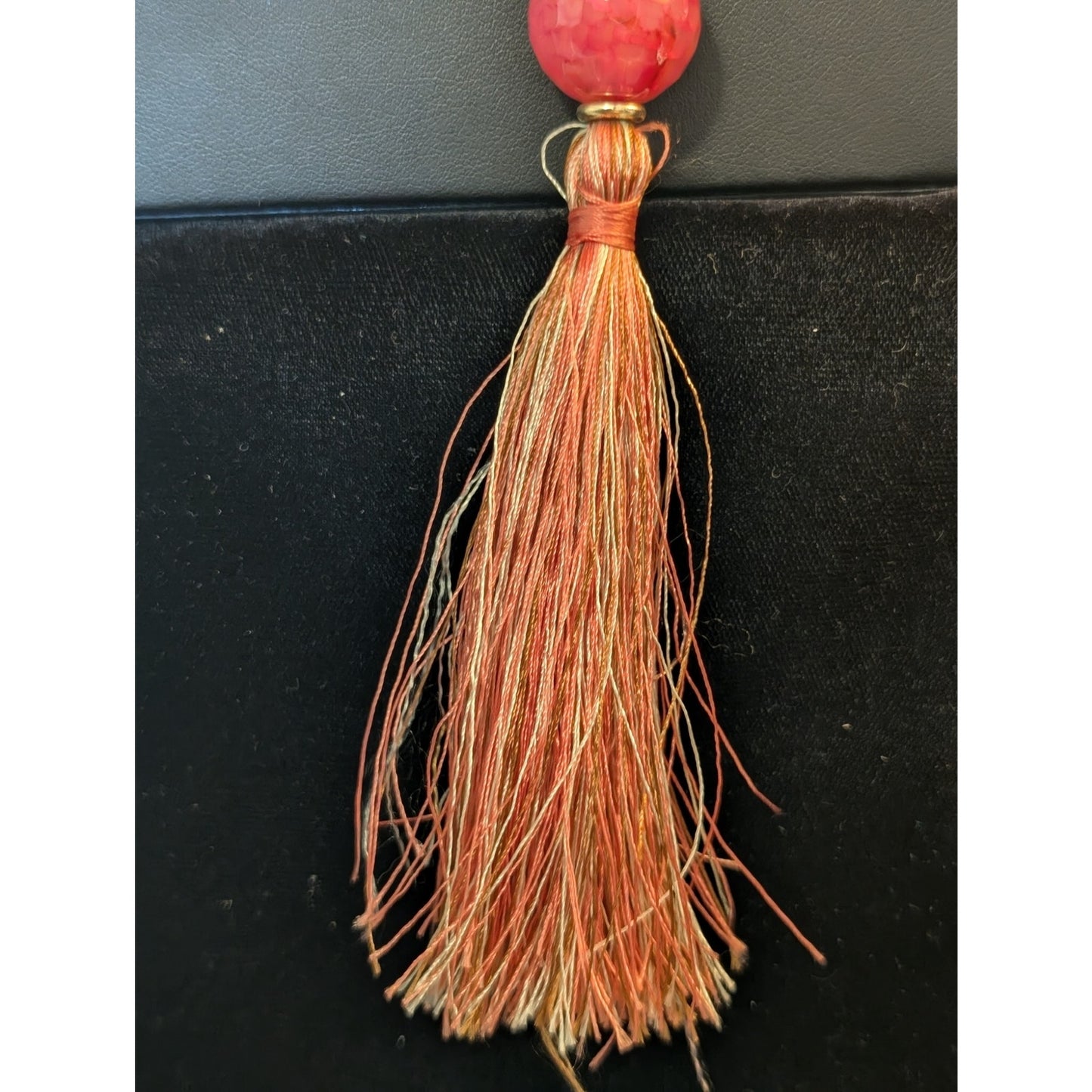 Pink Glass Bead Leather Cord Pink Satin Tassel Long Boho Necklace