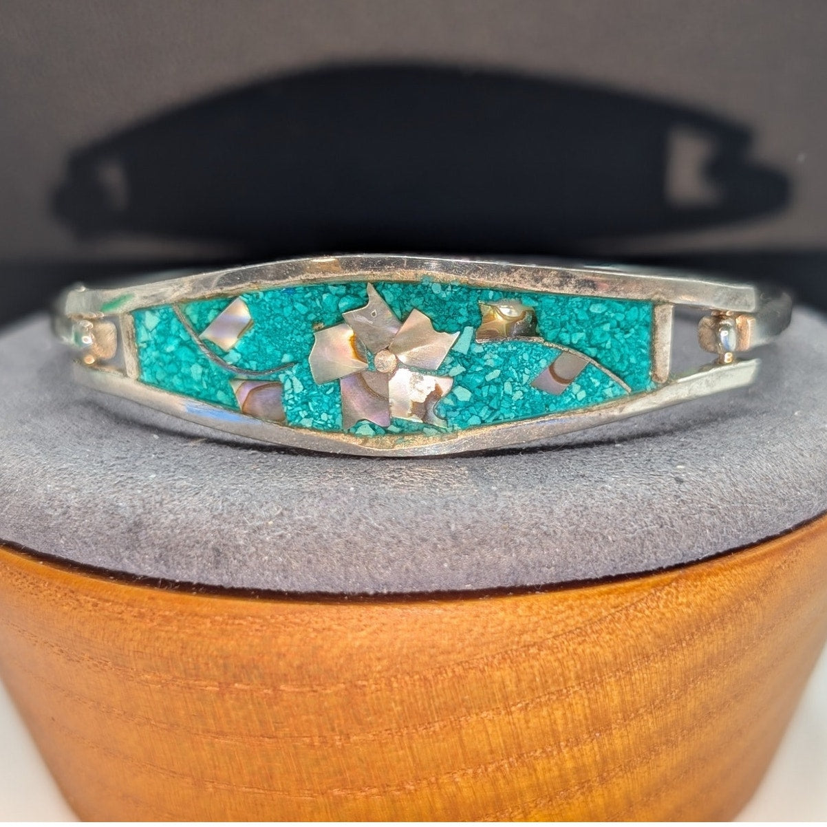 Vintage Turquoise Abalone Inlay Sterling Silver Cuff Bracelet Signed Taxco 925