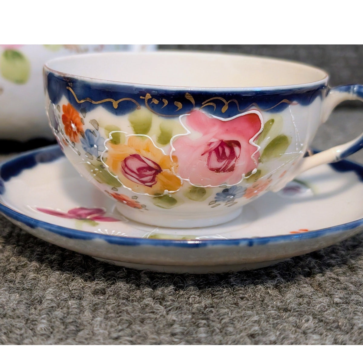 Vintage Nippon Cobalt Blue Cabbage Rose Teapot Two Cups and Two Saucers