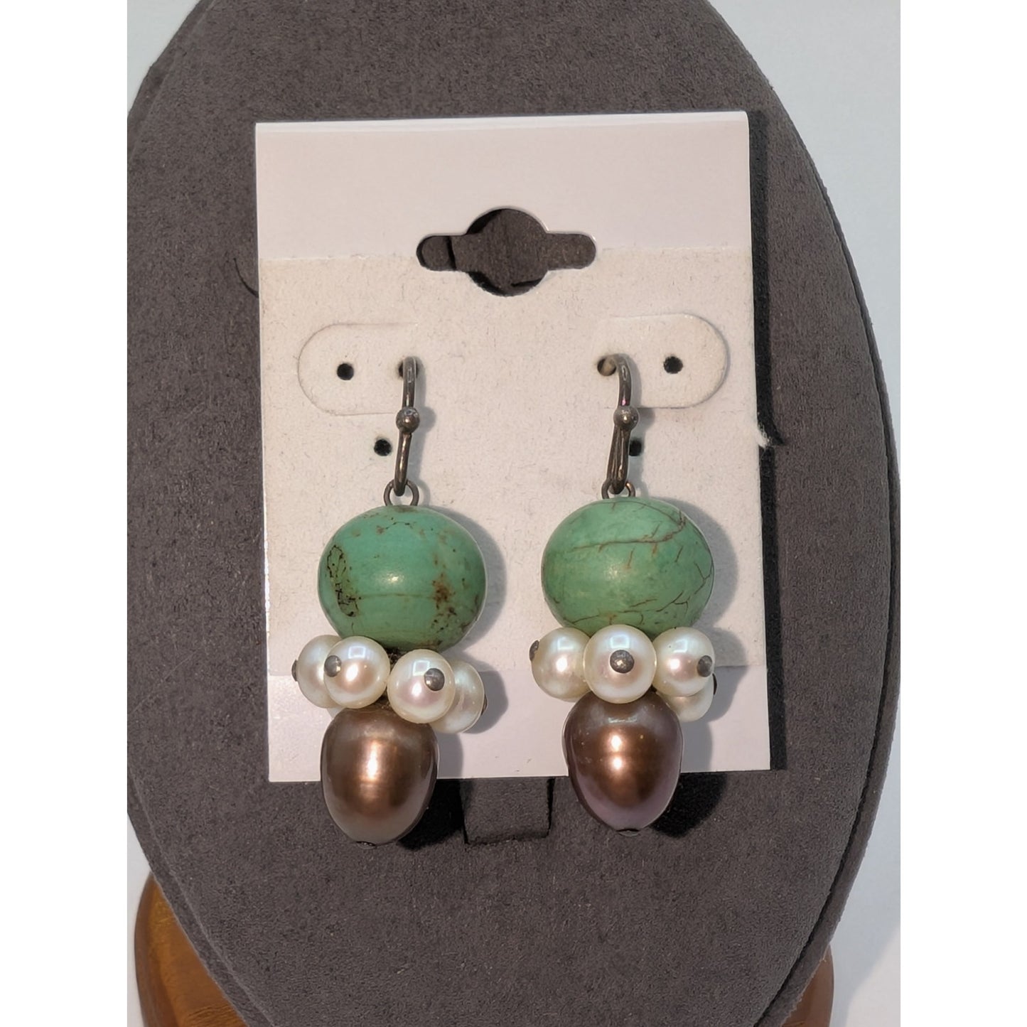 VTG 925 Green Turquoise Freshwater White and Chocolate Pearl Dangle Earrings