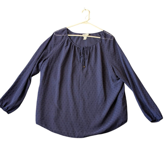 Ava & Viv Navy Chiffon Dobby Tie Scoop Neck Long Sleeve Blouse Womens Sz 1X