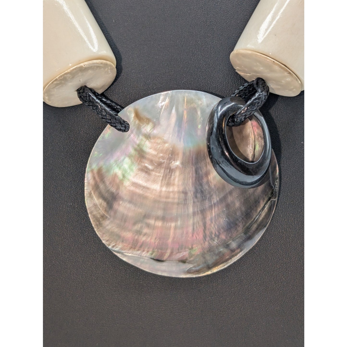 Chunky Barrel Bead Large Shell Pendant Avant Garde Corded 21.5"-24.5" Necklace