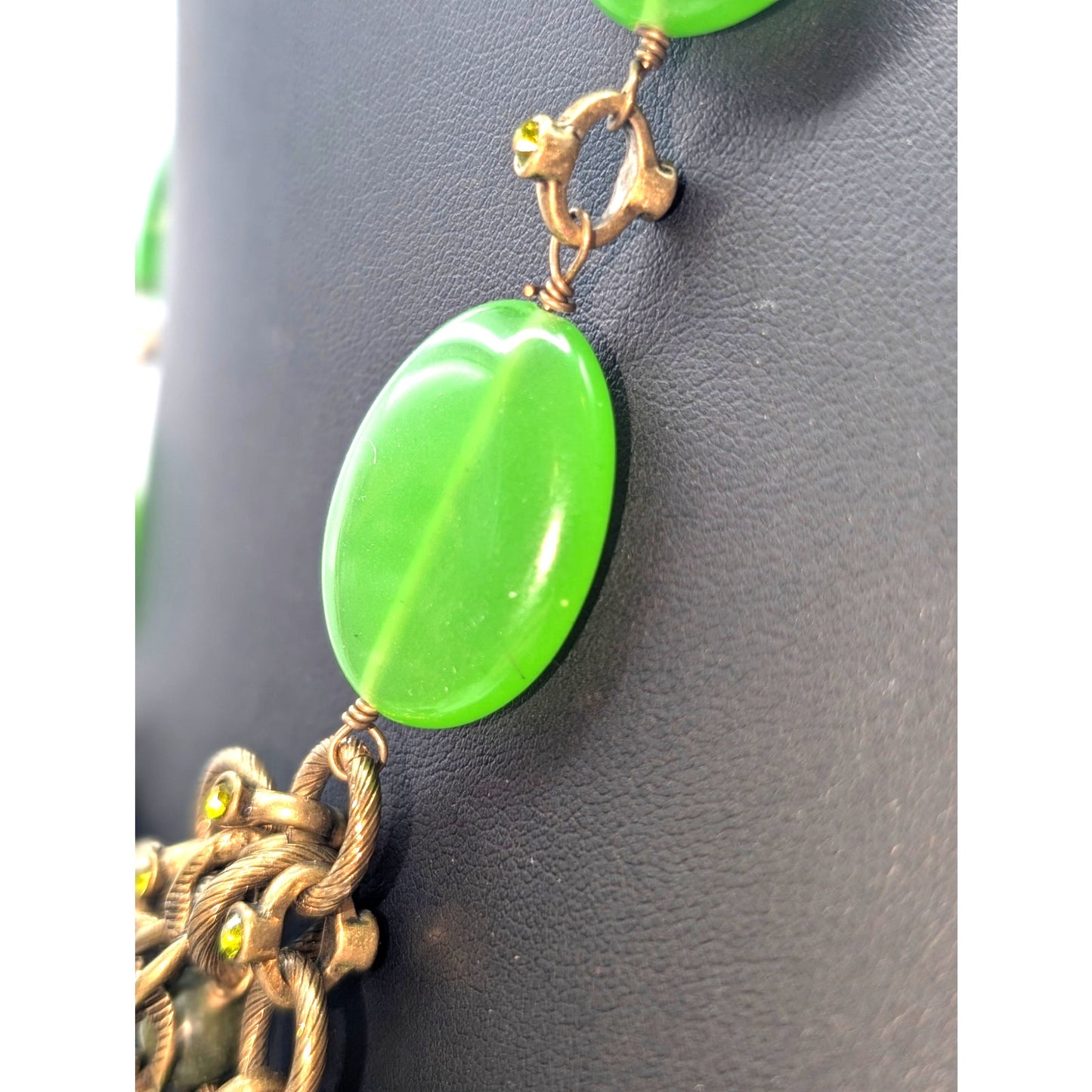 Vintage 80s Marked Kiam Family Glass Brass Rhinestone Stone Necklace