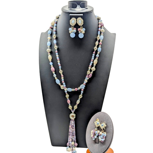 Mixed Lot of Two Blue Lavender Silver Tone Necklaces & Matching Clip On Earrings