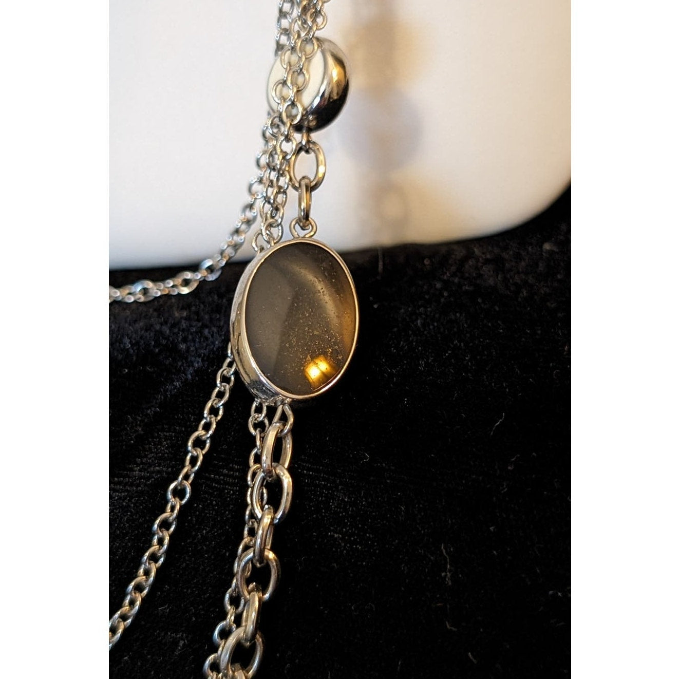 Long Silver Tone One Strand To Four Chain W/ Cream & Black Bead Necklace
