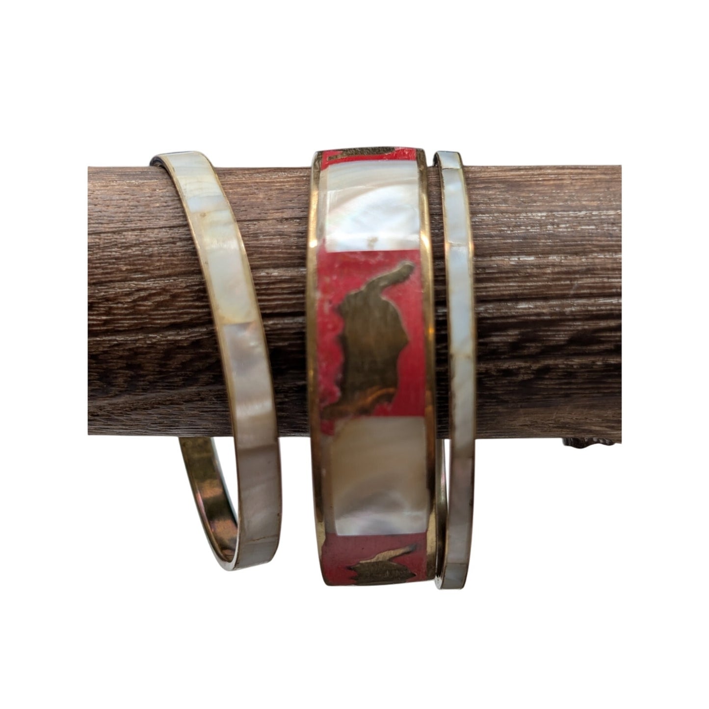 Vintage Lot of Three MOP Inlay Brass Bangle Bracelets