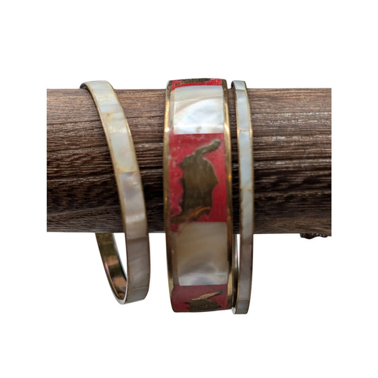 Vintage Lot of Three MOP Inlay Brass Bangle Bracelets