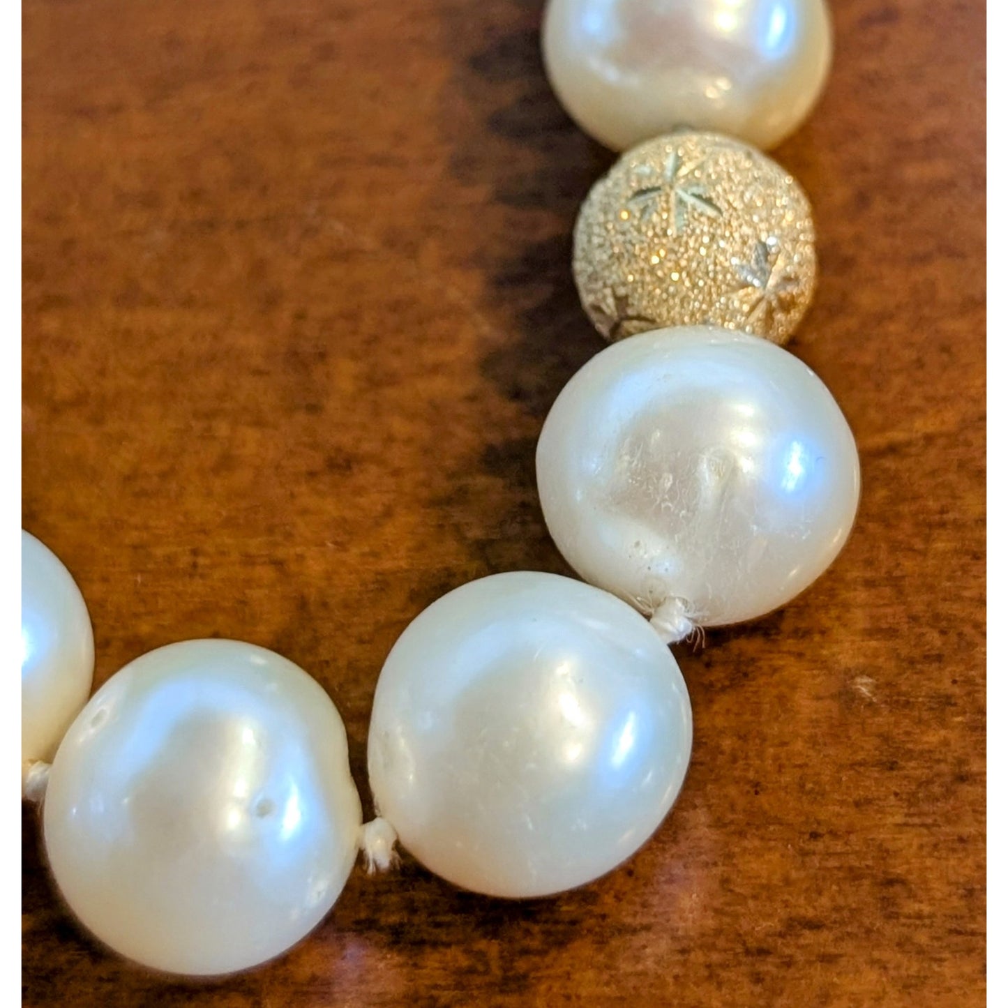 VTG PJS 14K Clasp Genuine 9mm Pearl Three Gold Lava Stone Bead 18" Necklace