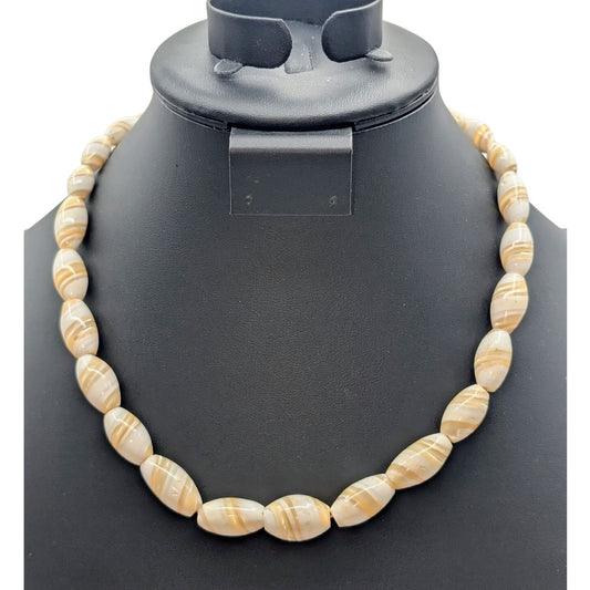 Vintage Hand Carved Balamuti Mother of Pearl Graduated Elongated Bead Necklace