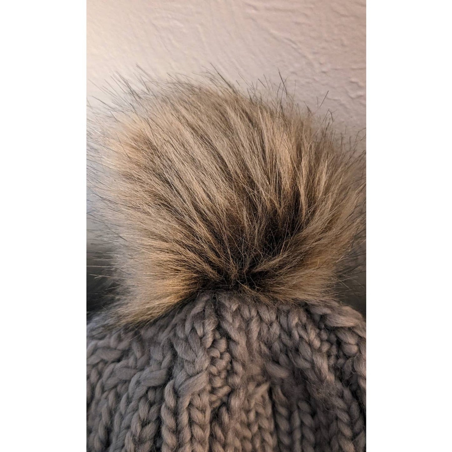 Turtle Fur Gray Fifi Cable Knit Merino Wool Plush Fleece Lined Faux Pom Beanie