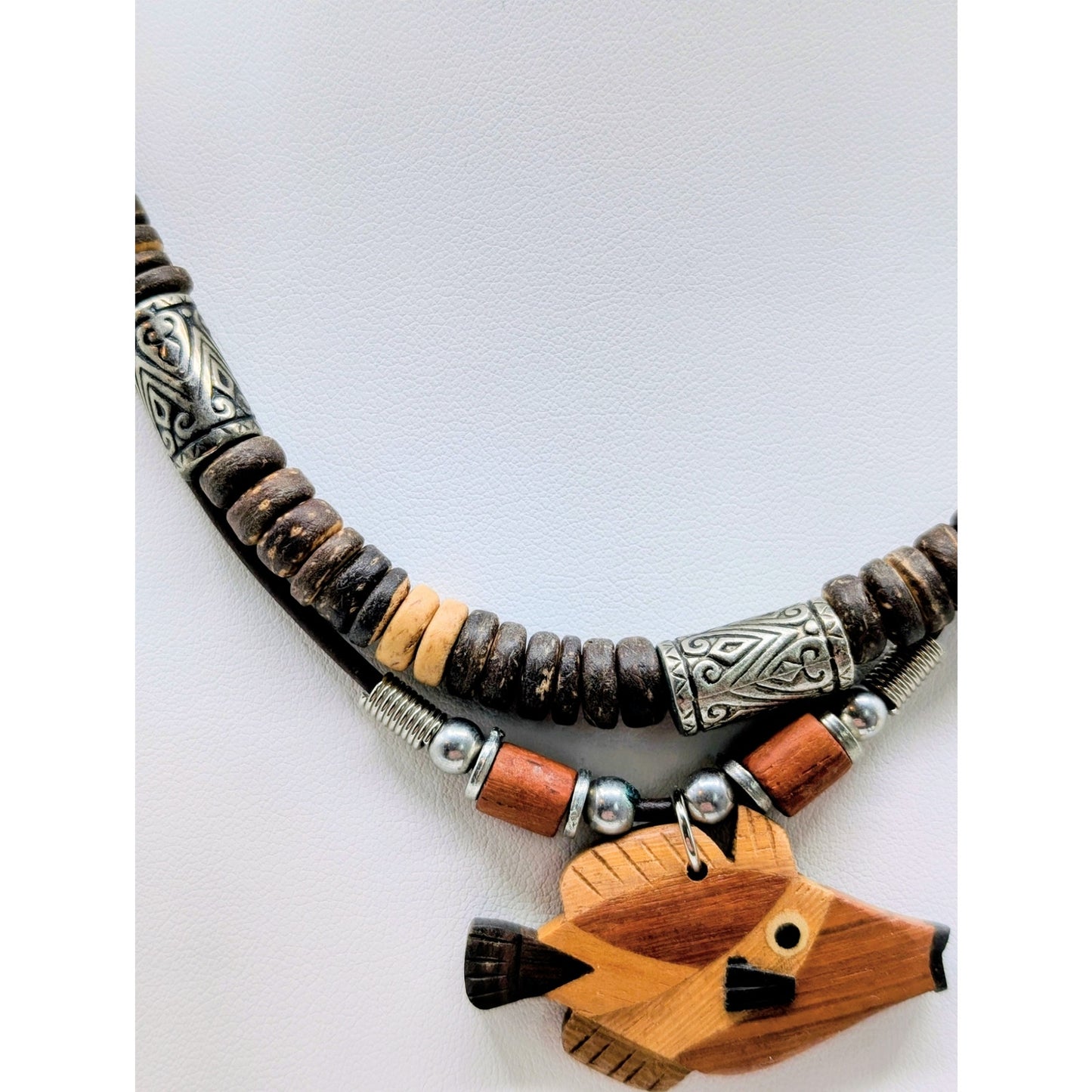 3 Piece Coconut Shell Bead & Inlay Fish Pendant Necklace & Bracelet Lot