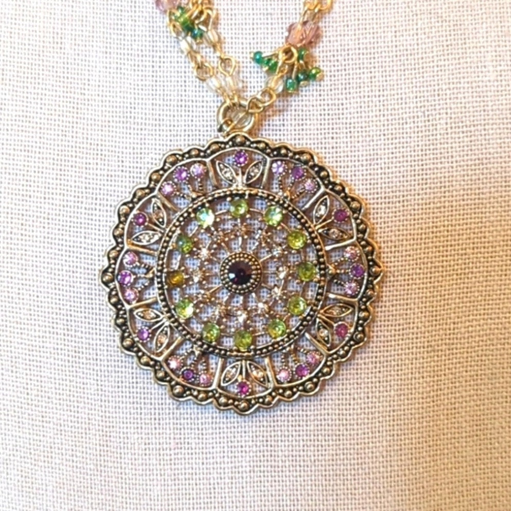 Gold Tone Double Strand Beaded Chain Pink Green Rhinestone Medallion Necklace