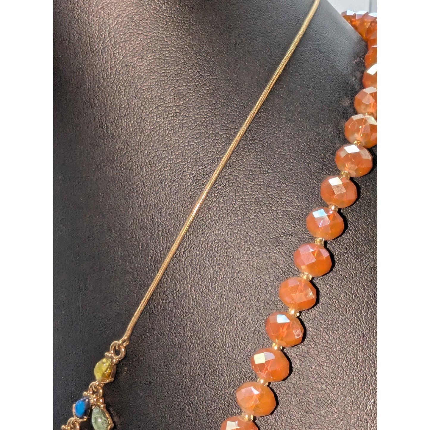 Lot of Two Gold Tone Orange Theme Crystal Tassel Y-Drop Necklaces