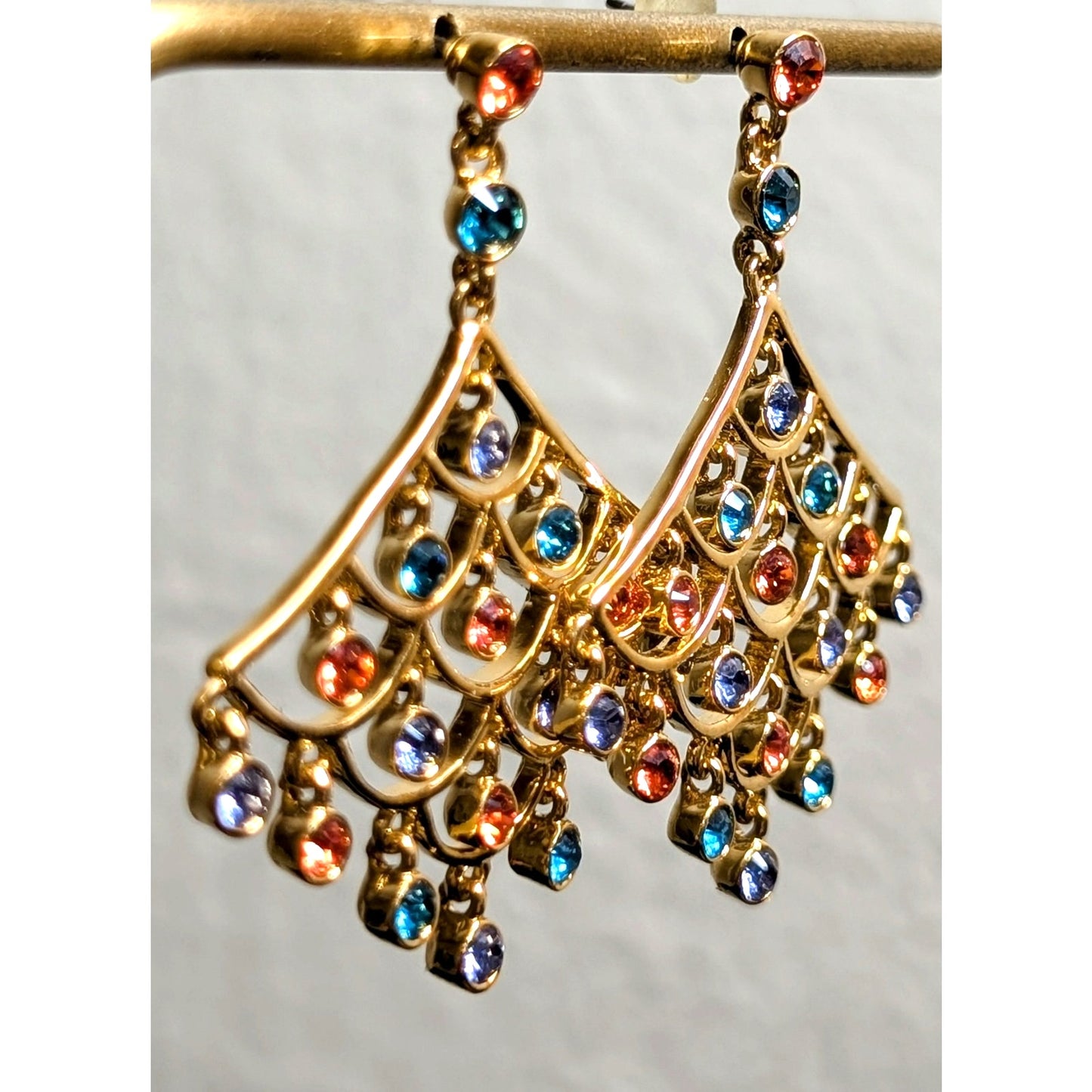 Gold Tone Rainbow Crystal Dangle Earrings