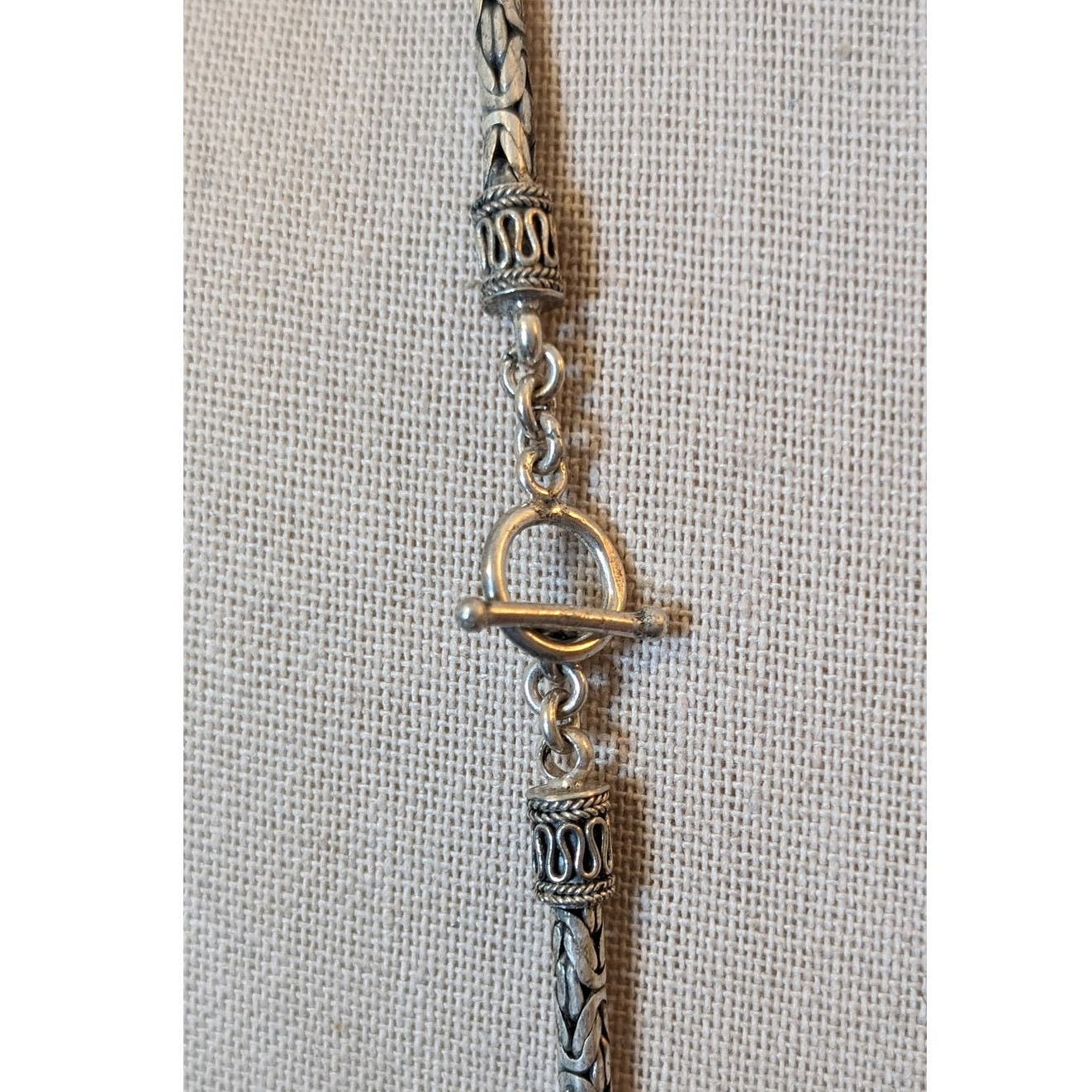 Sterling Silver 3mm Byzantine 30" Chain Necklace w/ Toggle Clasp & Bali End Caps
