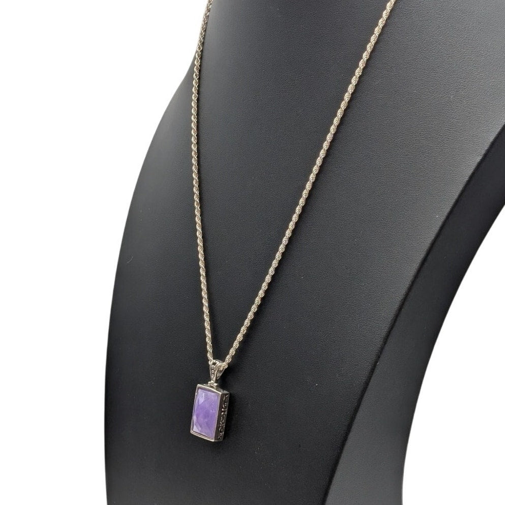Vtg 925 Sterling Silver Purple Lavender Faceted Stone Pendant 24" Chain Necklace