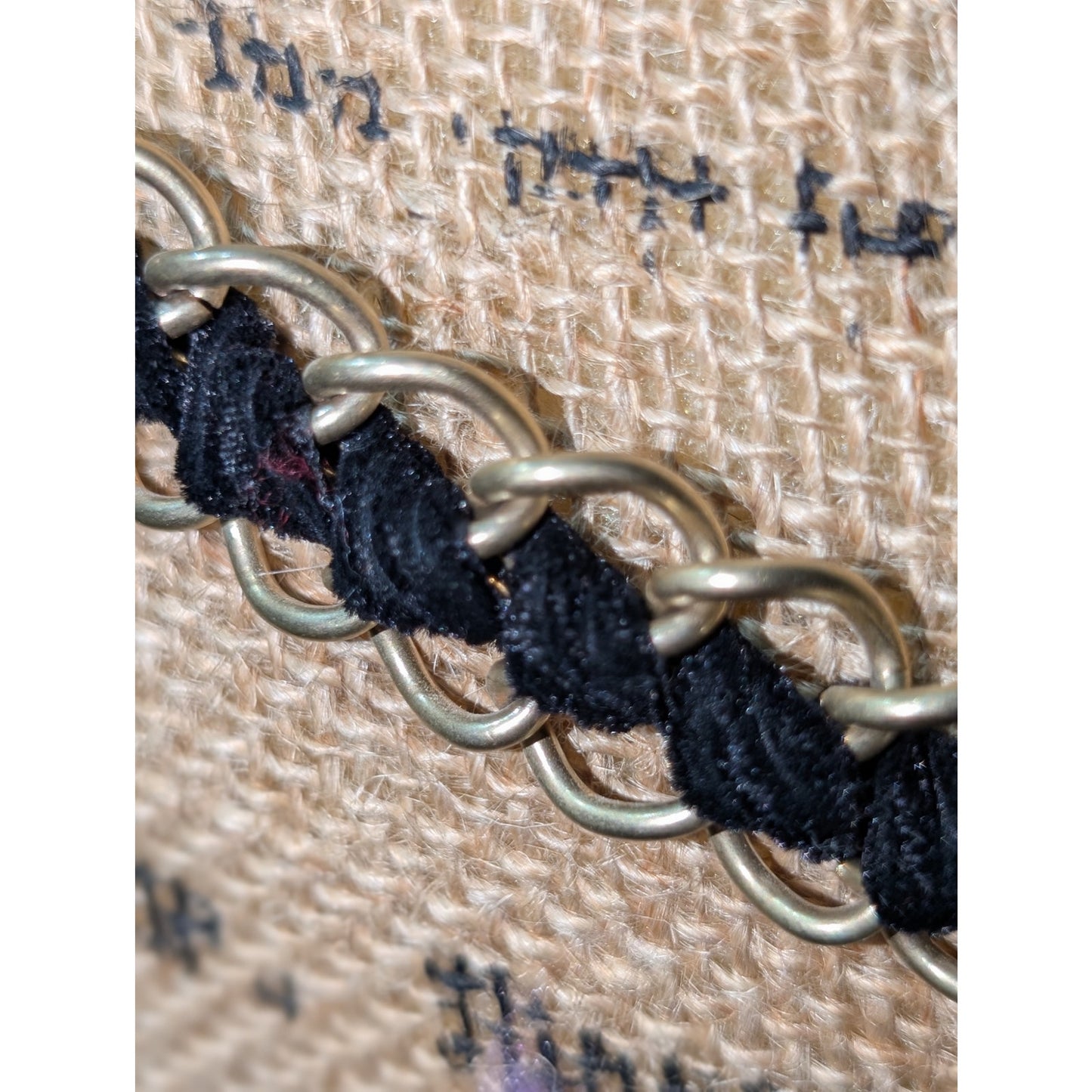 Vintage Black Velvet Ribbon Woven Gold Tone Chain Approx. 80" Chain Belt