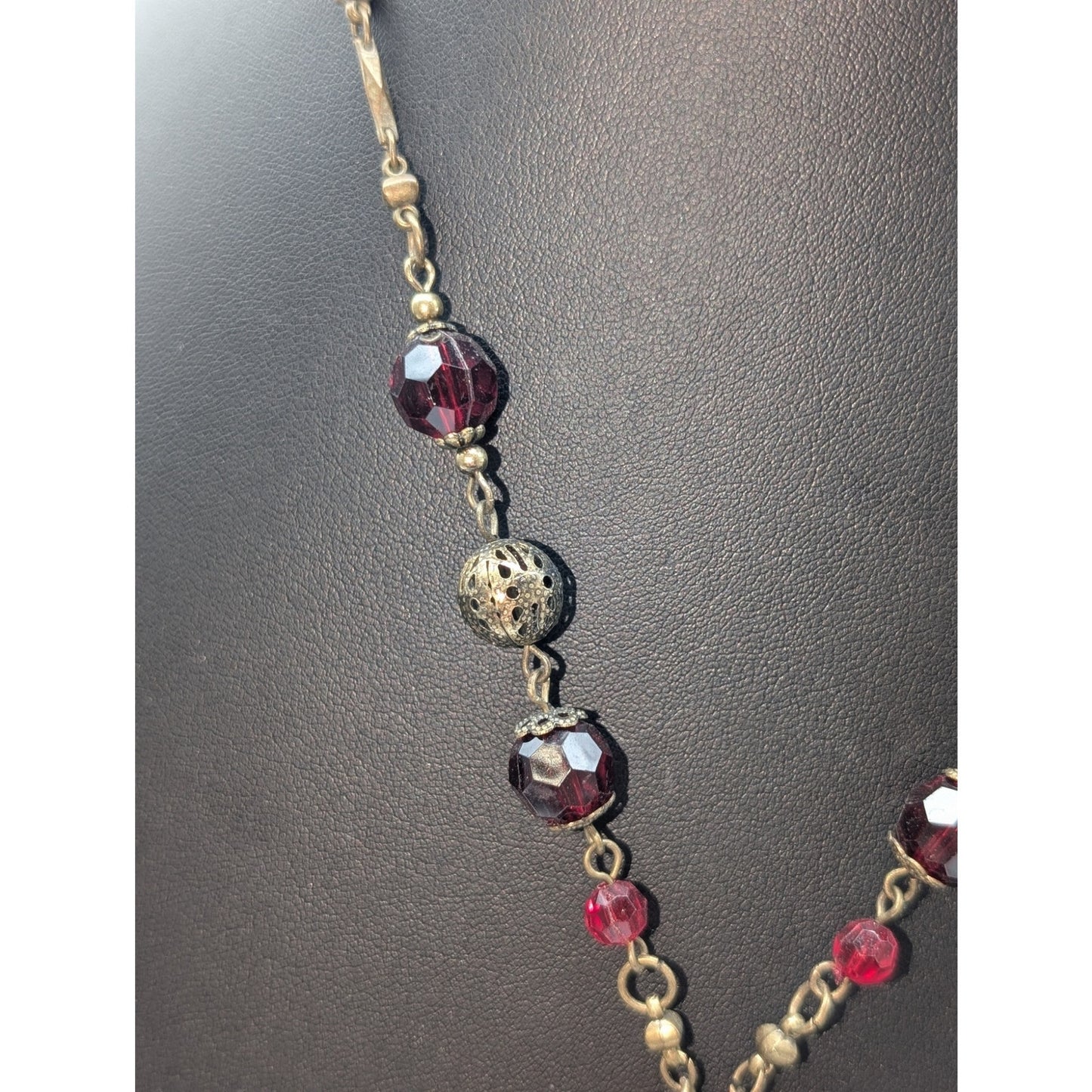 Antiqued Bronze Metal & Red Crystal Medallion Pendant Chain 16.5"-19" Necklace