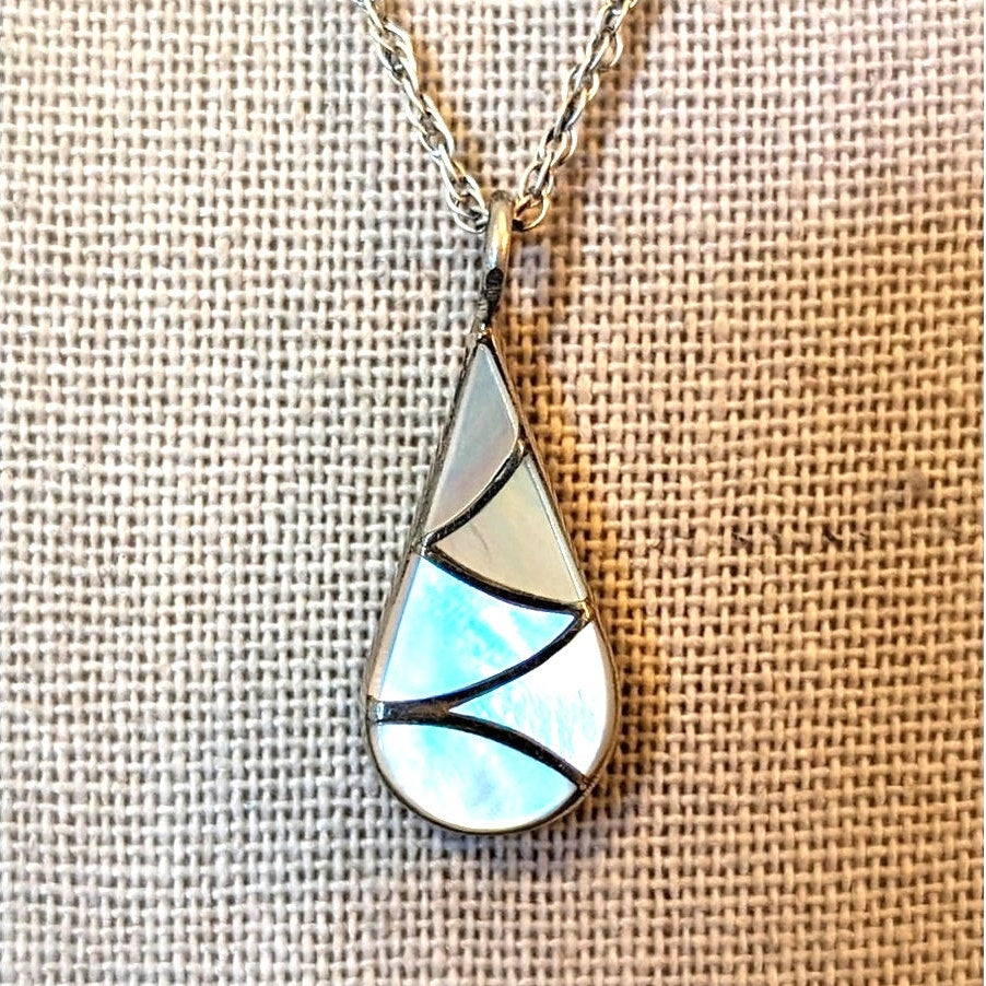 925 Silver Reversible Turquoise & Mother of Pearl Teardrop Pendant 18" Necklace