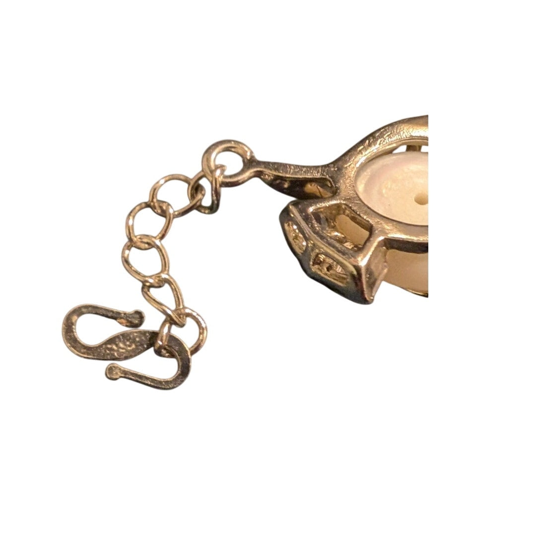 Marked 18K GP Silver Tone Faux Mabe Pearl CZ Hook Clasp 7.5"-8.5" Bracelet