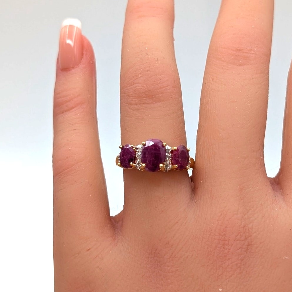 925 Vermeil (Yellow) Three Ruby & Diamond Ring Size 7