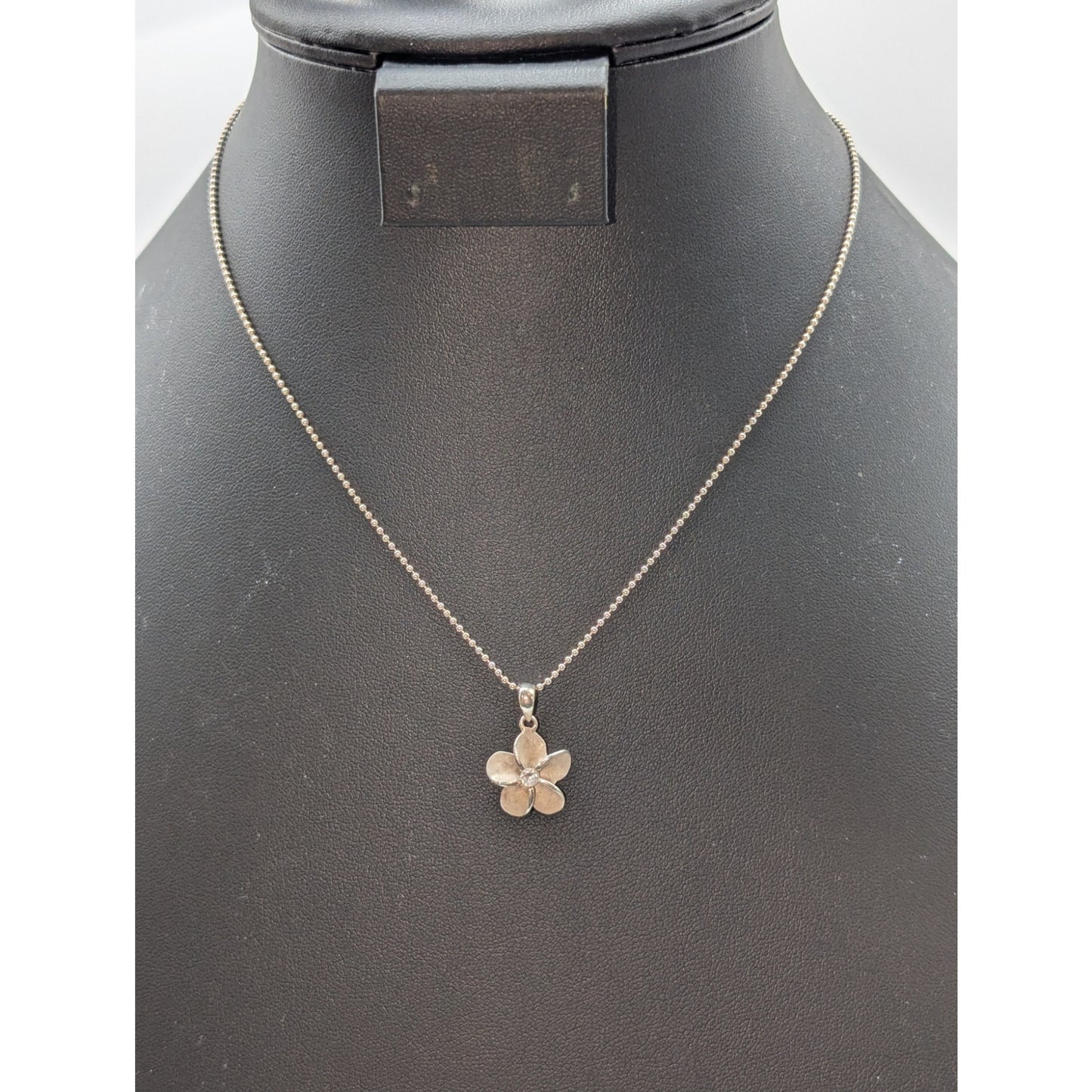Vintage 925 Sterling Silver CZ Flower Pendant Bead Ball Chain 16" Necklace