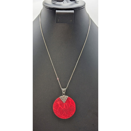 Vtg 925 Sterling Silver Bali Design Red Sponge Coral Pendant Box Chain Necklace