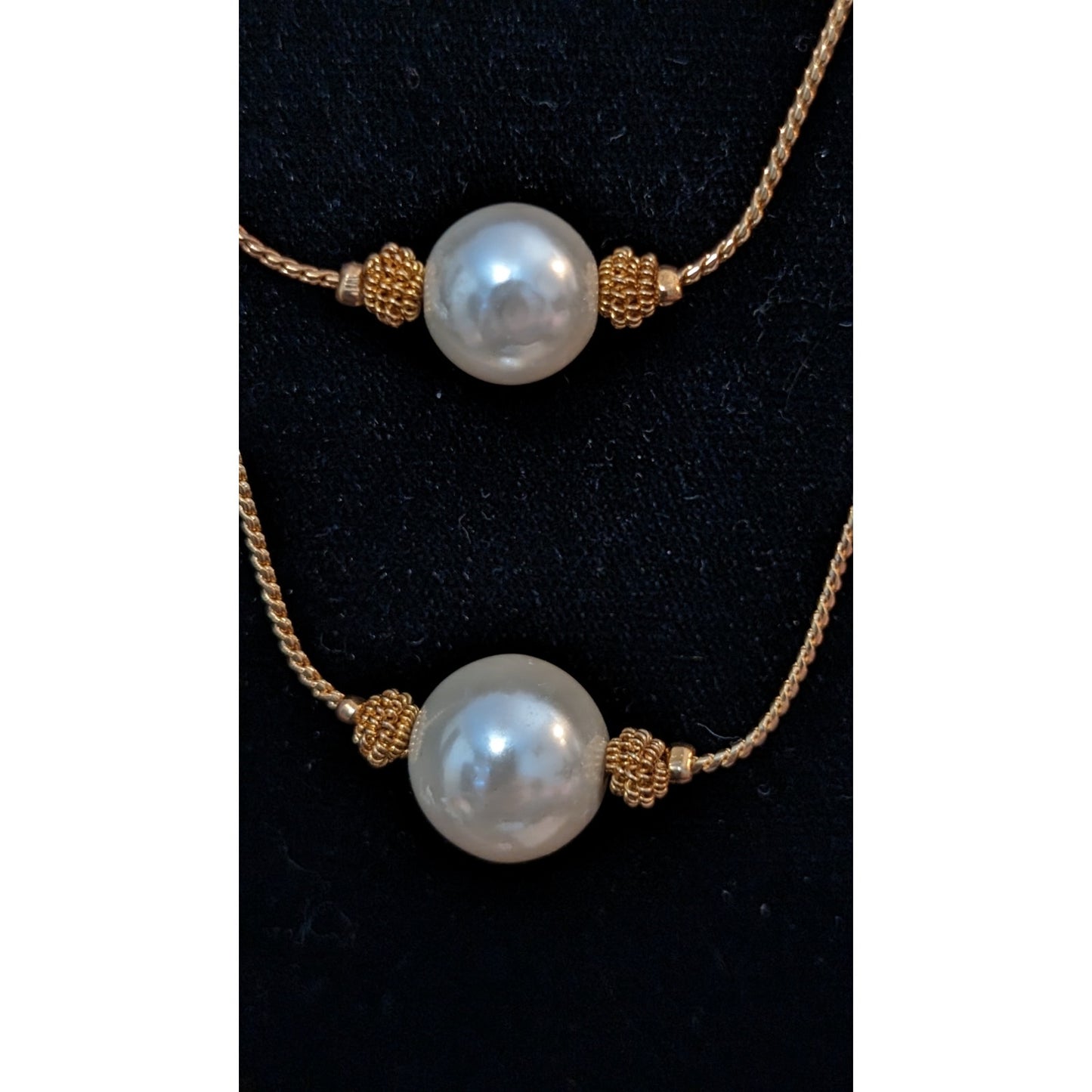Vintage Double Gold Tone Chain Pearl and Coil Bead Necklace