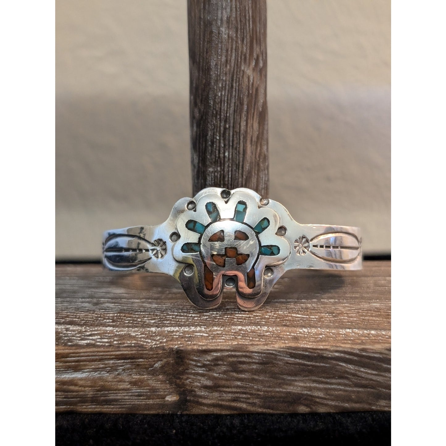 Rare Native American Vtg Sterling Silver Coral Turquoise Sun Cuff Bracelet