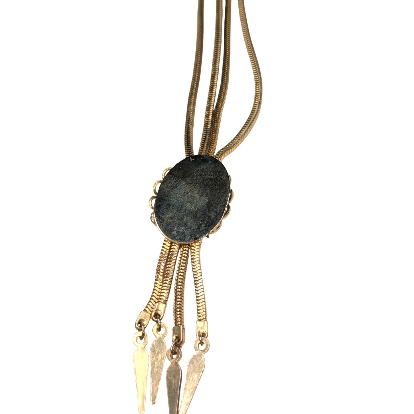 Vtg Yellow Gold Plated Double Snake Chain MOP Glass Tassel 17"-20.5" Necklace