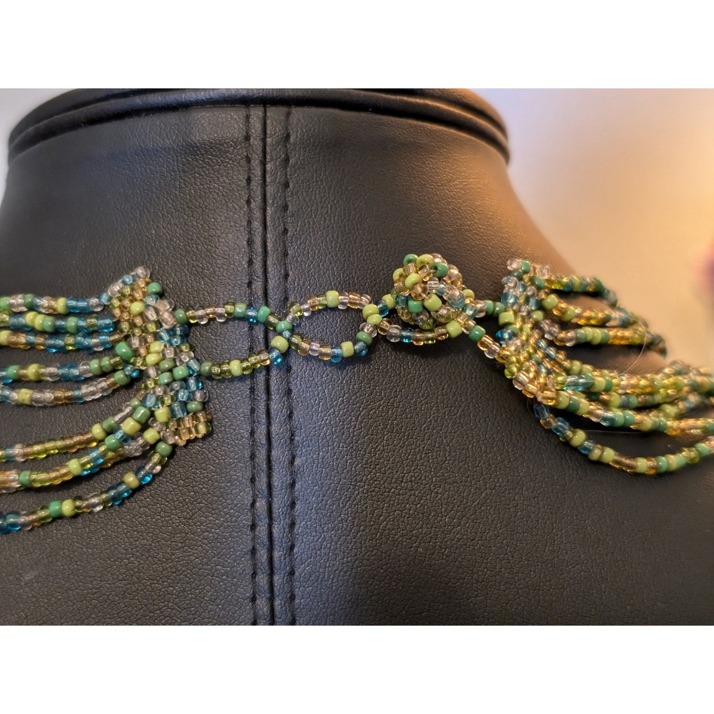 Hand Made Green Blue Seed Bead Multi-Strand Collar Necklace