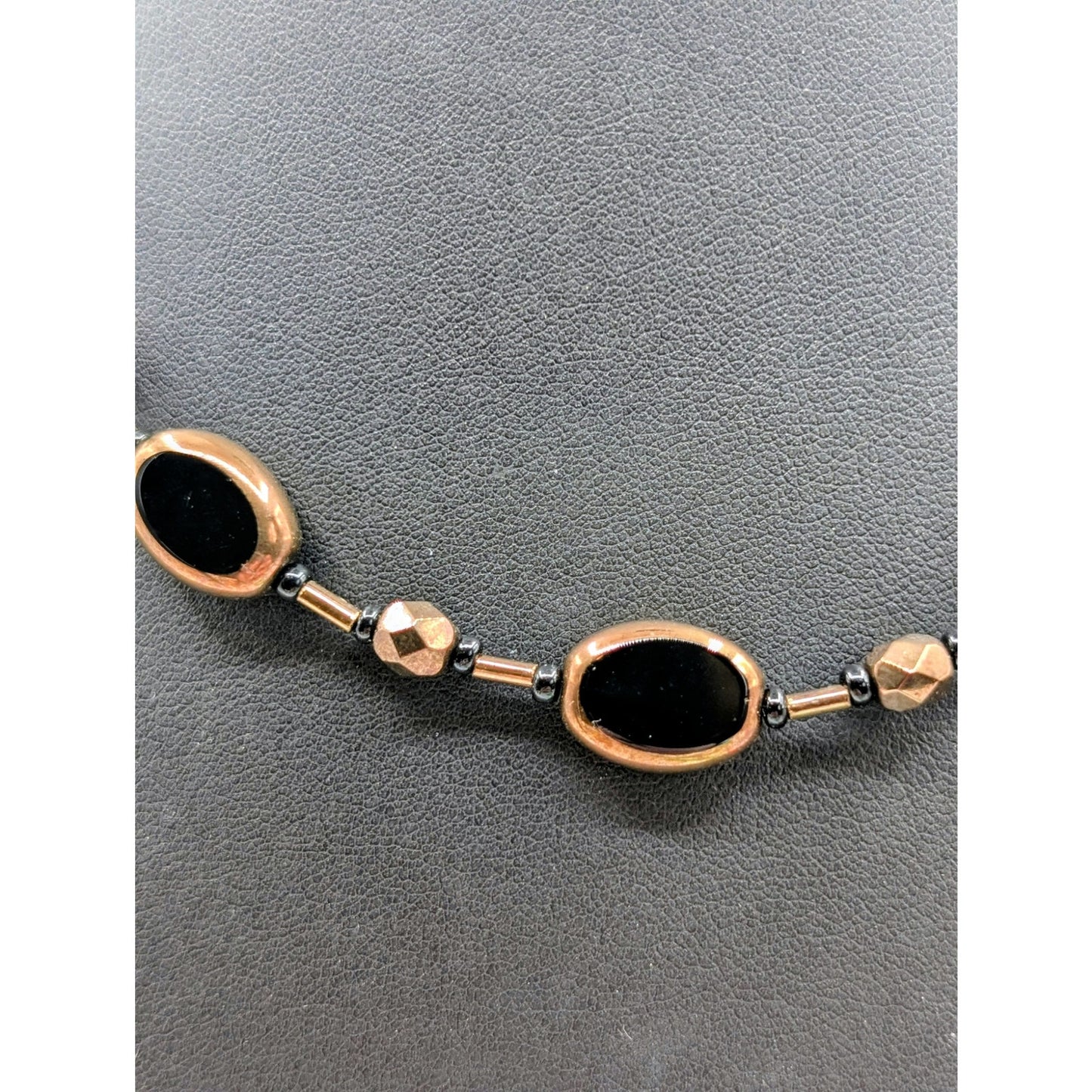 Bronze Bezel Set Black Glass Beaded Toggle Clasp 17.75" Necklace