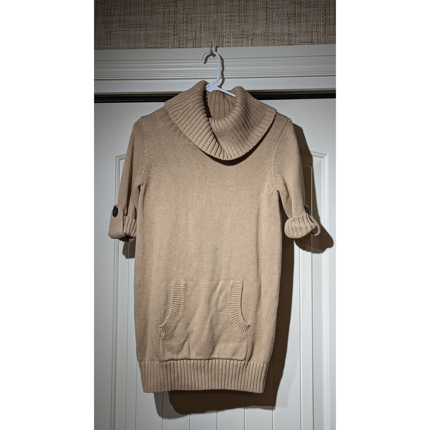 Athleta Cashmere Blend Camel Pullover Cowl Neck Short Button Sleeve Sweater Sz M