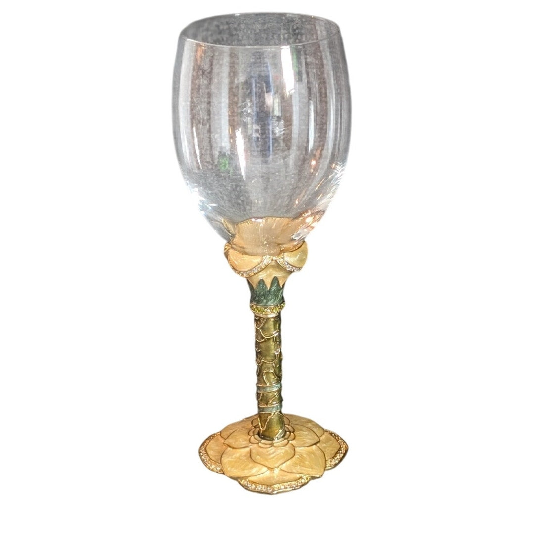 Vintage 2 Saints Yellow Green Enamel Rhinestone Embellished Wine Goblet