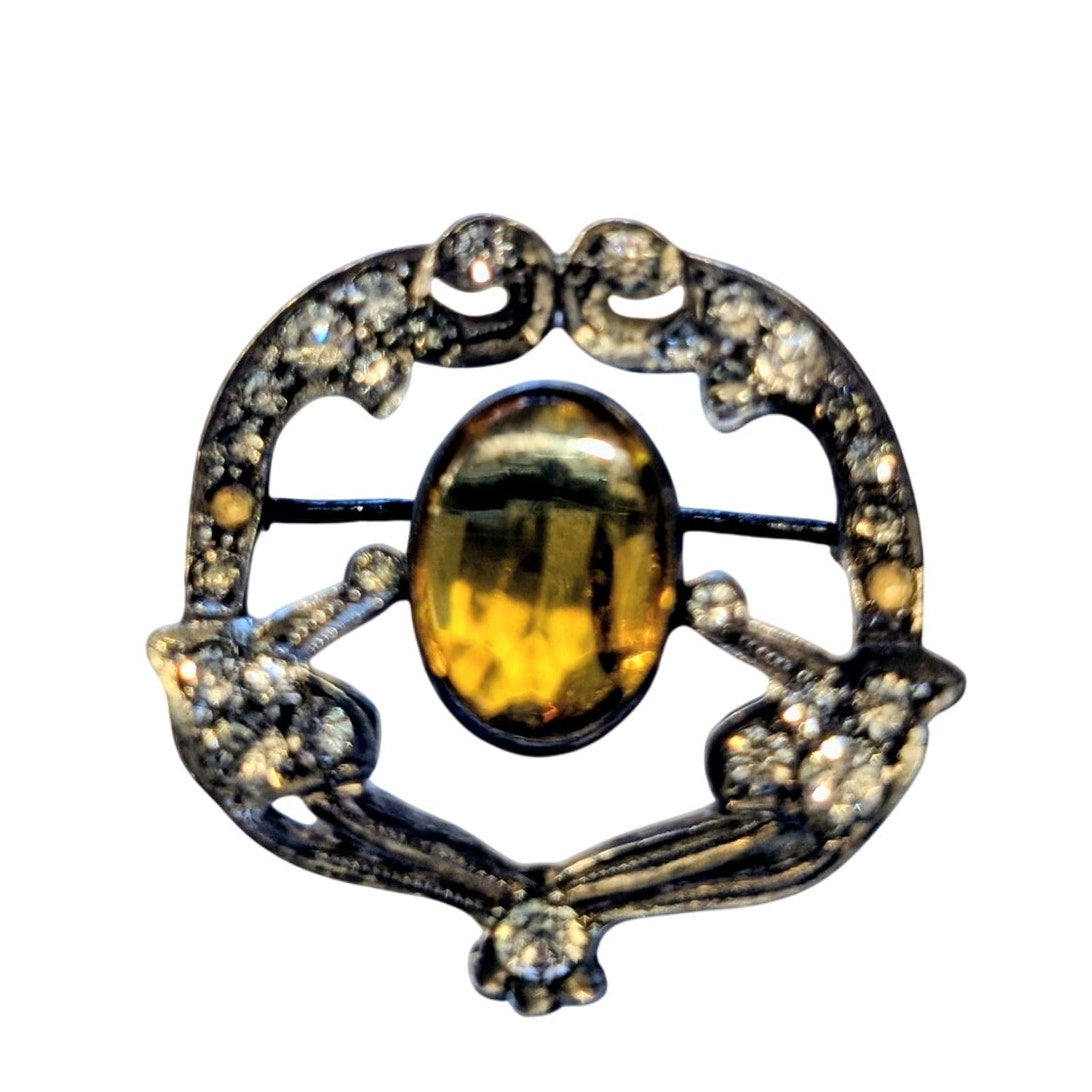 Antique Sterling Silver Citrine Glass Rhinestone/Paste Signed Brooch