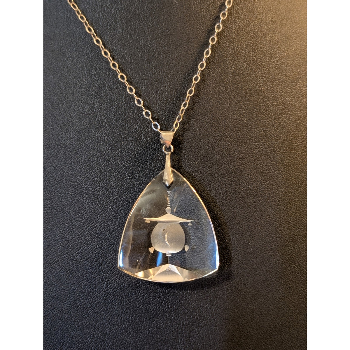 1930s Art Deco Reverse Carved Round Pagoda Rock Crystal Pendant 18" Necklace