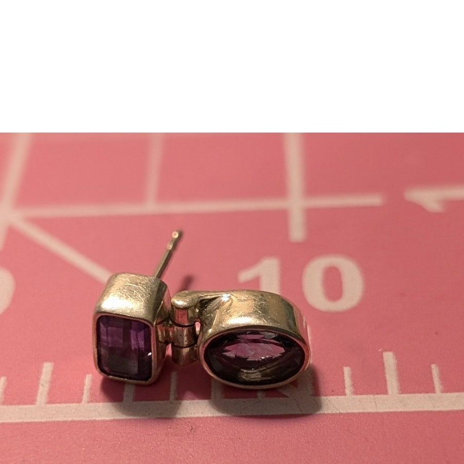 Vtg 1990s 925 Sterling Hinged Amethyst & Iolite Gemstone Drop Post Earrings