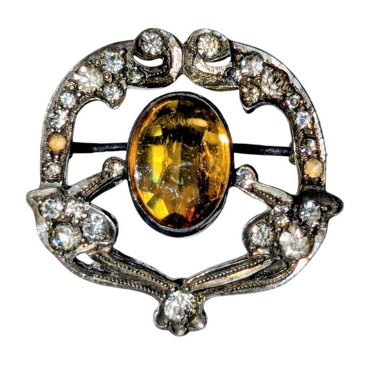 Antique Sterling Silver Citrine Glass Rhinestone/Paste Signed Brooch
