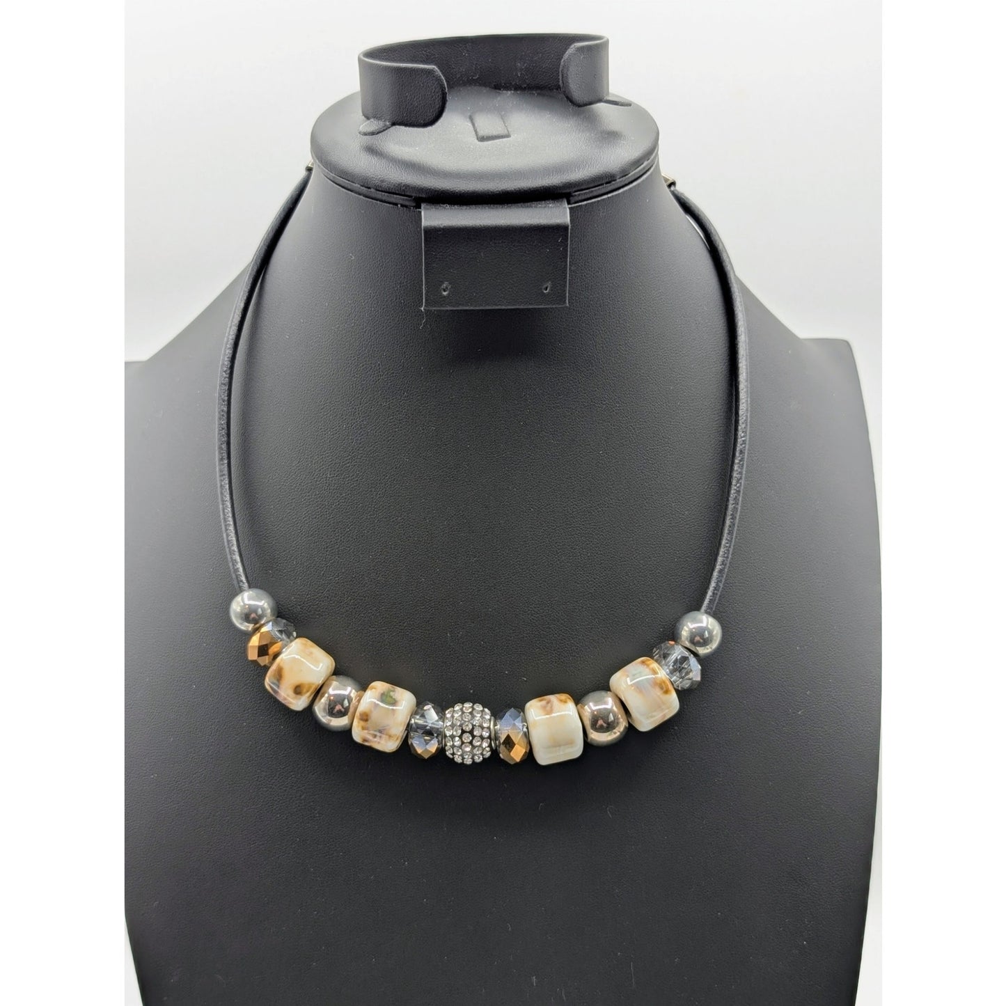 Modern Tribal Leather Cord Glass Metal Crystal Rhinestone Ball Bead Necklace