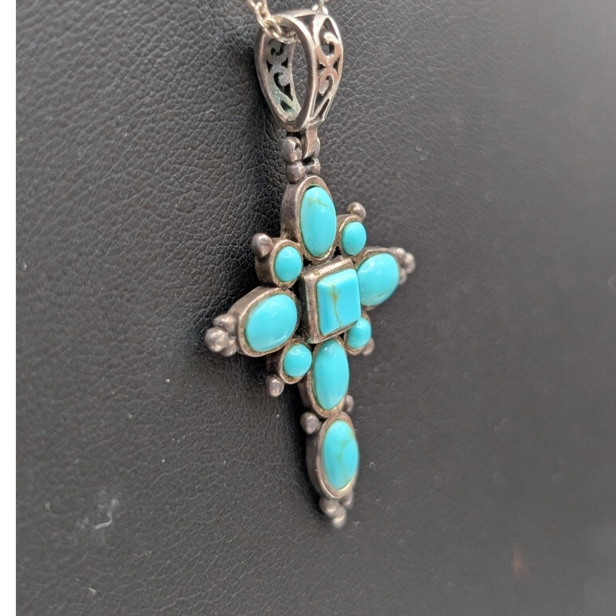 Vintage Joseph Cleary Turquoise Sterling 925 Cross Pendant 18" Chain Necklace