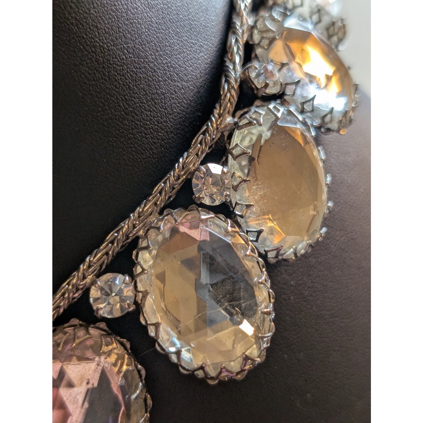 SCHREINER Rare New York Glass Cabochon & Silver Braided Chain Vintage Necklace