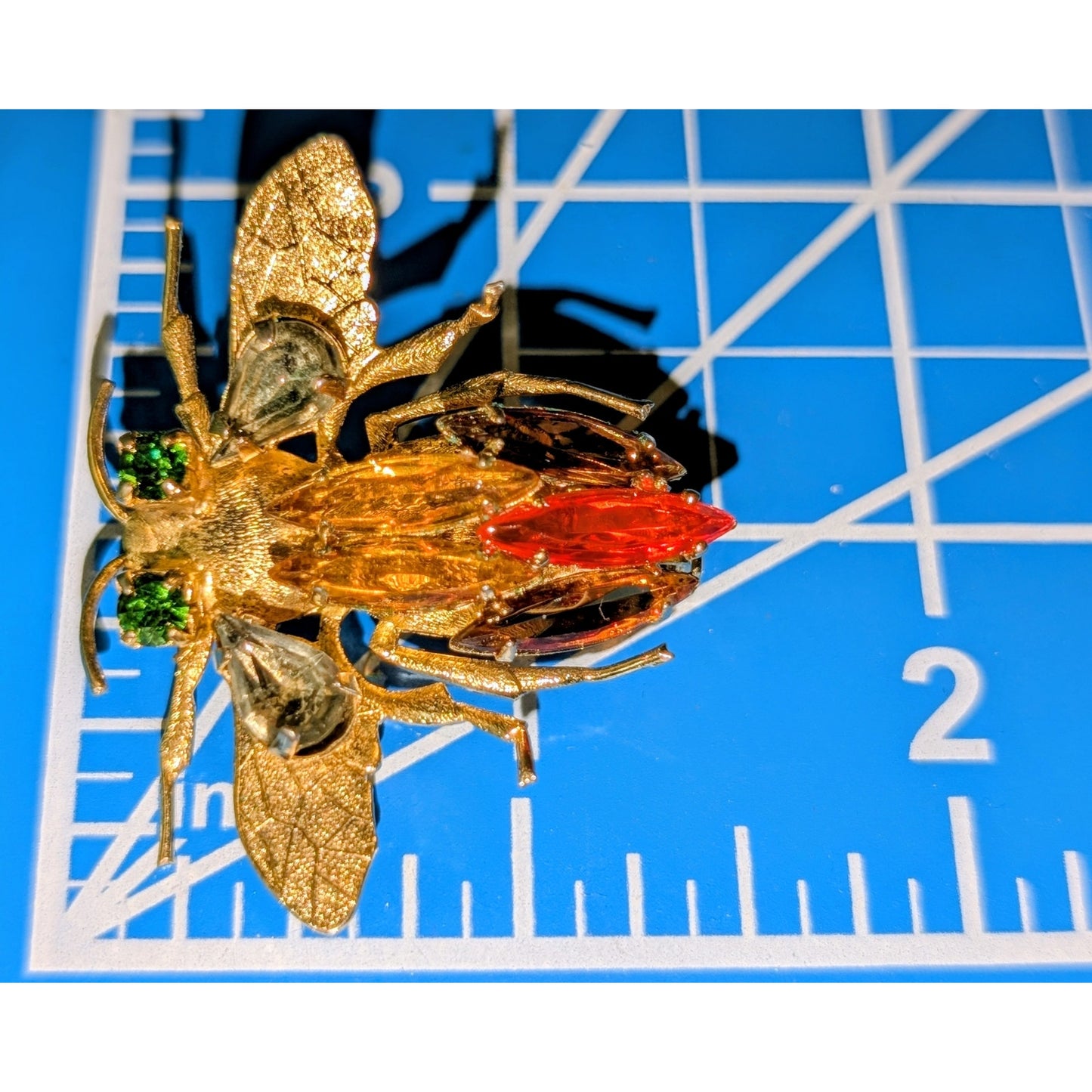 Vintage Gold Orange Green Rhinestone Bug Brooch