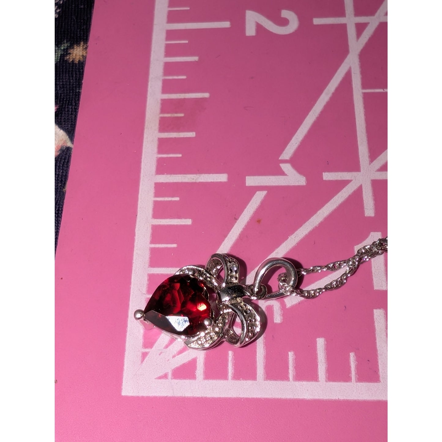 925 Sterling Silver Garnet Heart Bow Two Diamond Pendant 18.25" Necklace