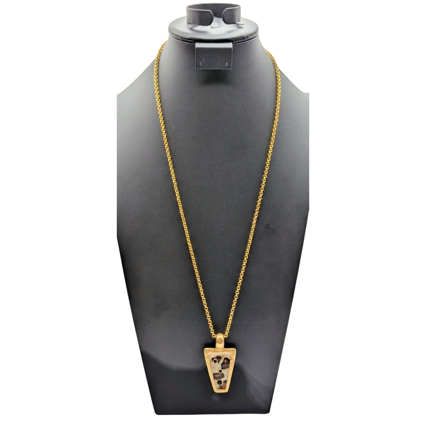 Hammered Gold Tone Animal Enamel Bezel Set Rhinestone Pendant 30" Necklace