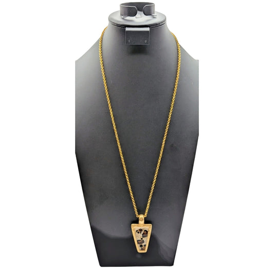 Hammered Gold Tone Animal Enamel Bezel Set Rhinestone Pendant 30" Necklace