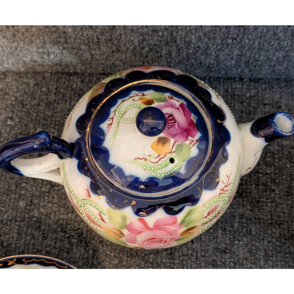 Vintage Nippon Cobalt Blue Cabbage Rose Teapot Two Cups and Two Saucers